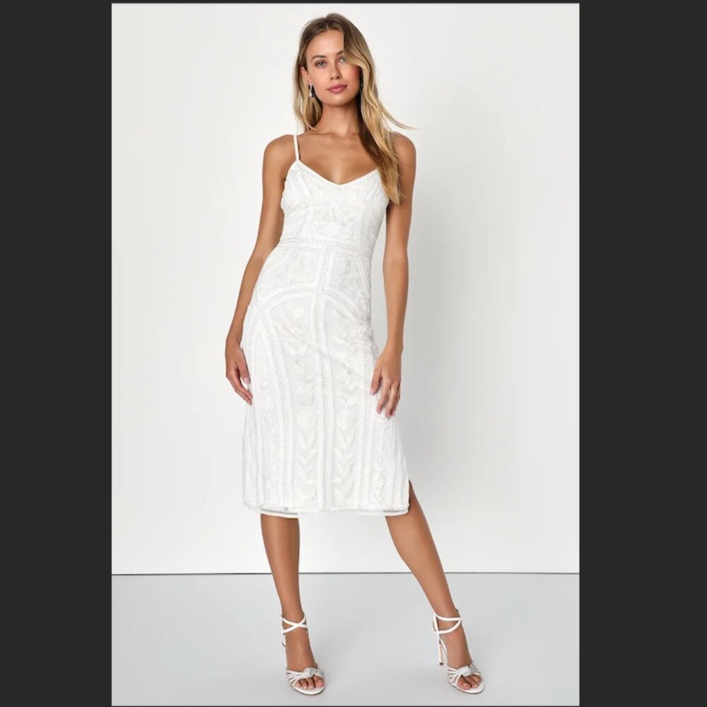 Lulus - Alluring Interest White Sequin Embroidered Sleeveless Midi Dress